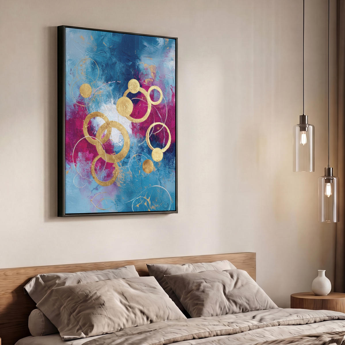 LEINWAND Bilder mit Rahmen - Kreise - Gold - Abstrakt - 70x100 - Blau, Textil (70/100cm) - MuchoWow