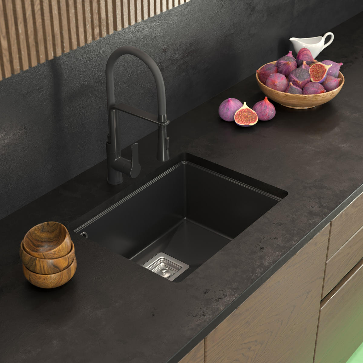 SPÜLBECKEN Napo Schwarz 3-tlg. 550/420 mm Unterbau Granit mit Armatur und Siphon Chrom - Schwarz, Stein (55/42/20cm) - Granitan