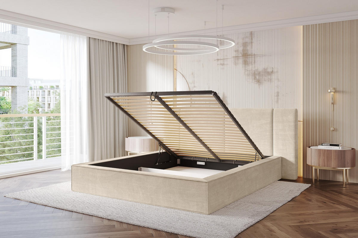 POLSTERBETT mit Bettkasten und Lattenrost, Bett mit Matratze H3/H4 - RIVO 120x200 Beige - Creme, Holzwerkstoff/Textil (120/200cm) - ALTDECOR