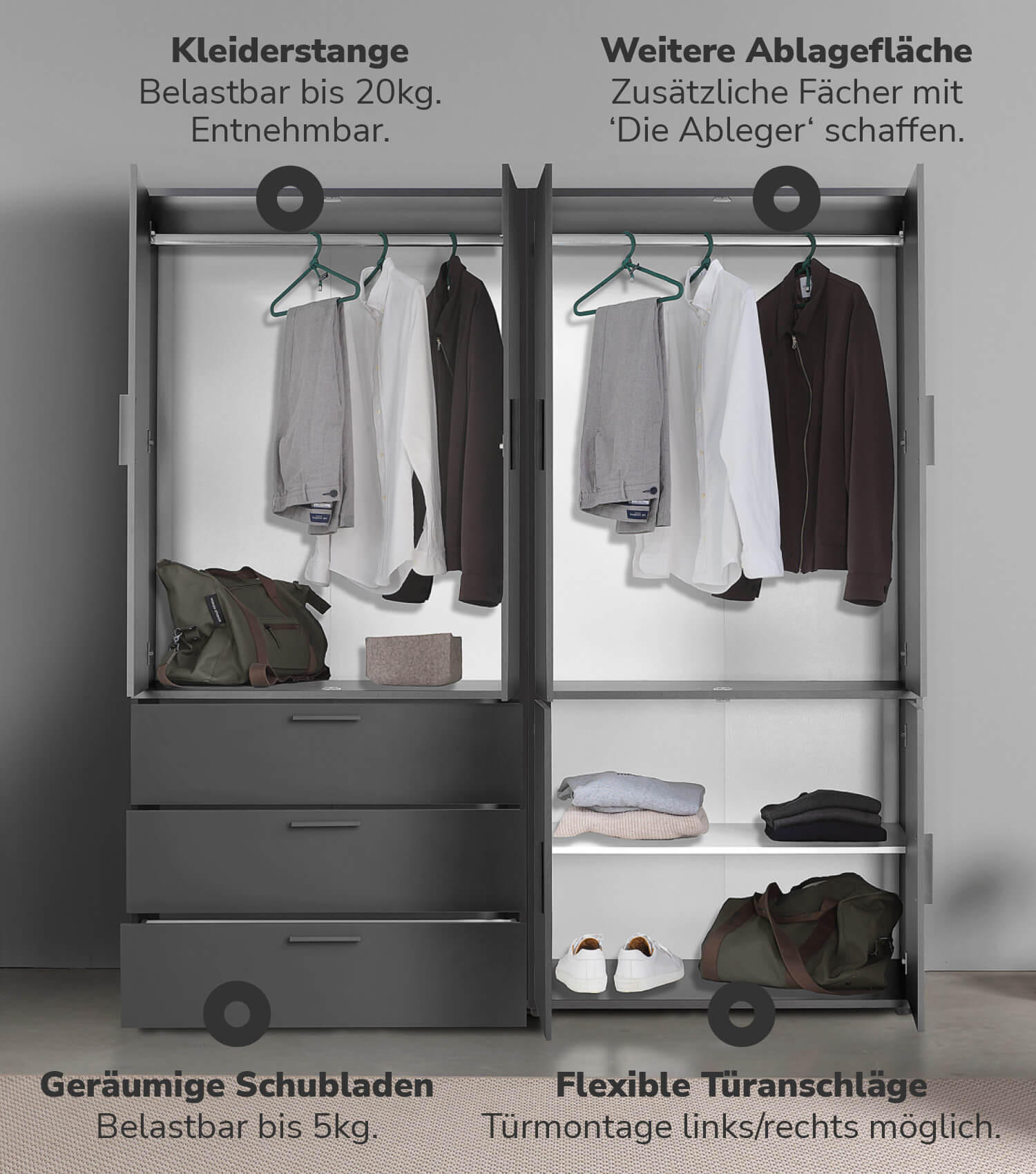 KLEIDERSCHRANK mit Spiegel Der Grenzenlose - Anthrazit, Holzwerkstoff (180/187/58cm) - Mokebo