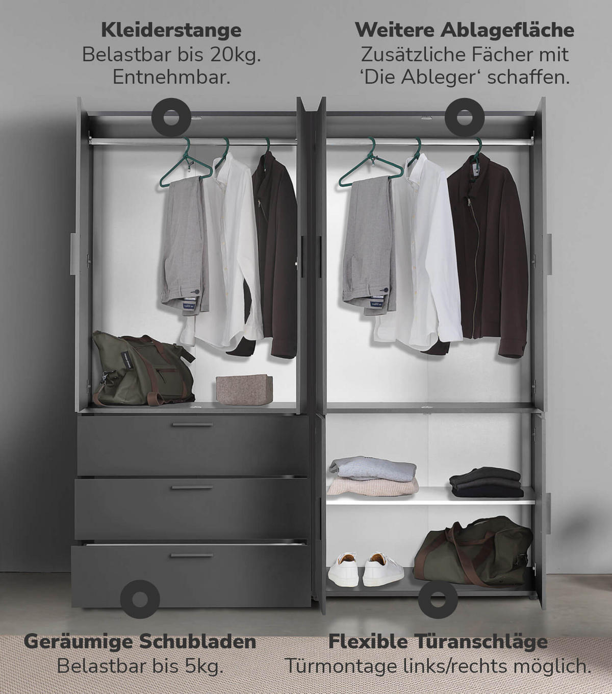 KLEIDERSCHRANK Der Grenzenlose - Anthrazit, Holzwerkstoff (180/187/58cm) - Mokebo