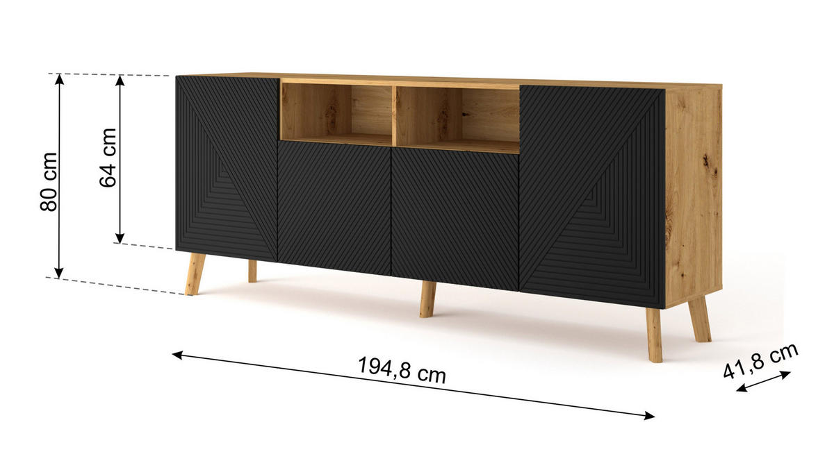 KOMMODE Artisan Eiche, Schwarz 195/80/42 - Schwarz, Holzwerkstoff (195/80/42cm) - RAUMHIRSCH FURNITURE