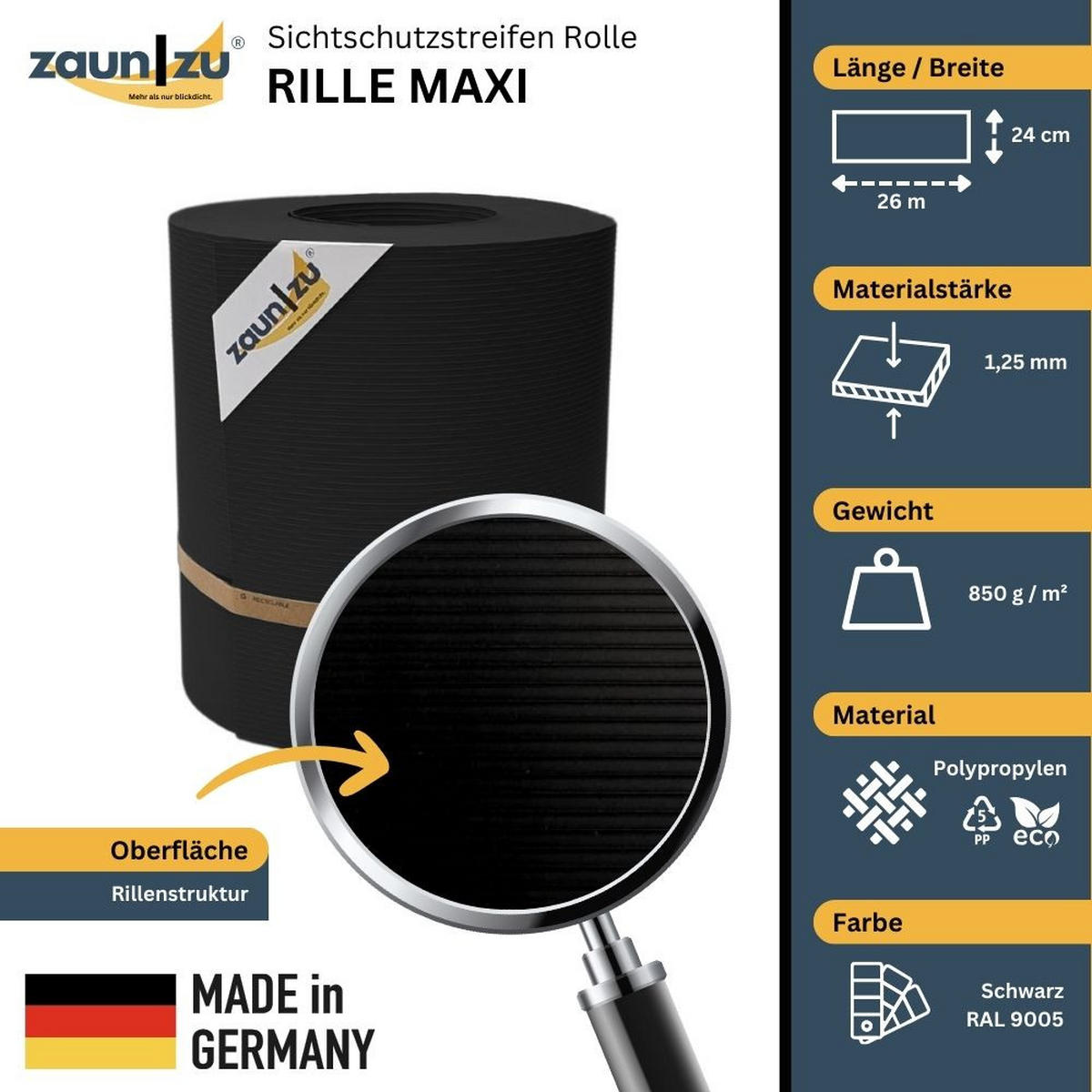 SICHTSCHUTZSTREIFEN Rille Maxi Rolle für Doppelstabmatten 24cm hoch Schwarz 26m - Schwarz, Kunststoff (2600/24cm) - ZAUN|ZU