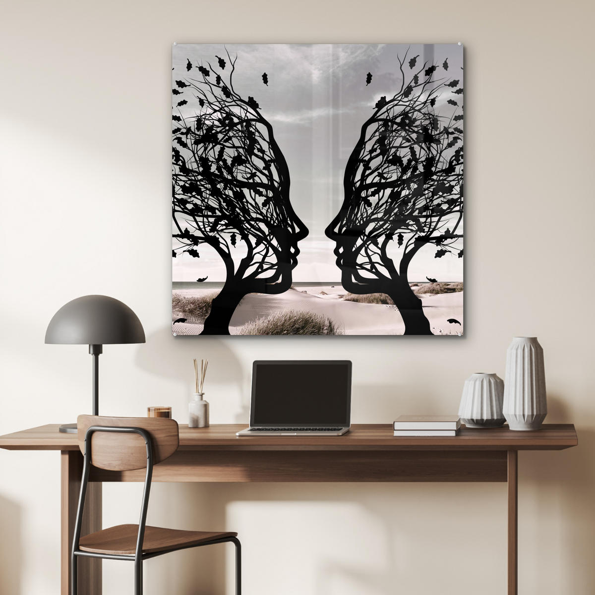 ACRYLGLASBILD Strand - Meer - Menschen - Baum - Moderne Kunst 90x90 cm - Hellgrau, Glas (90/90cm) - MuchoWow