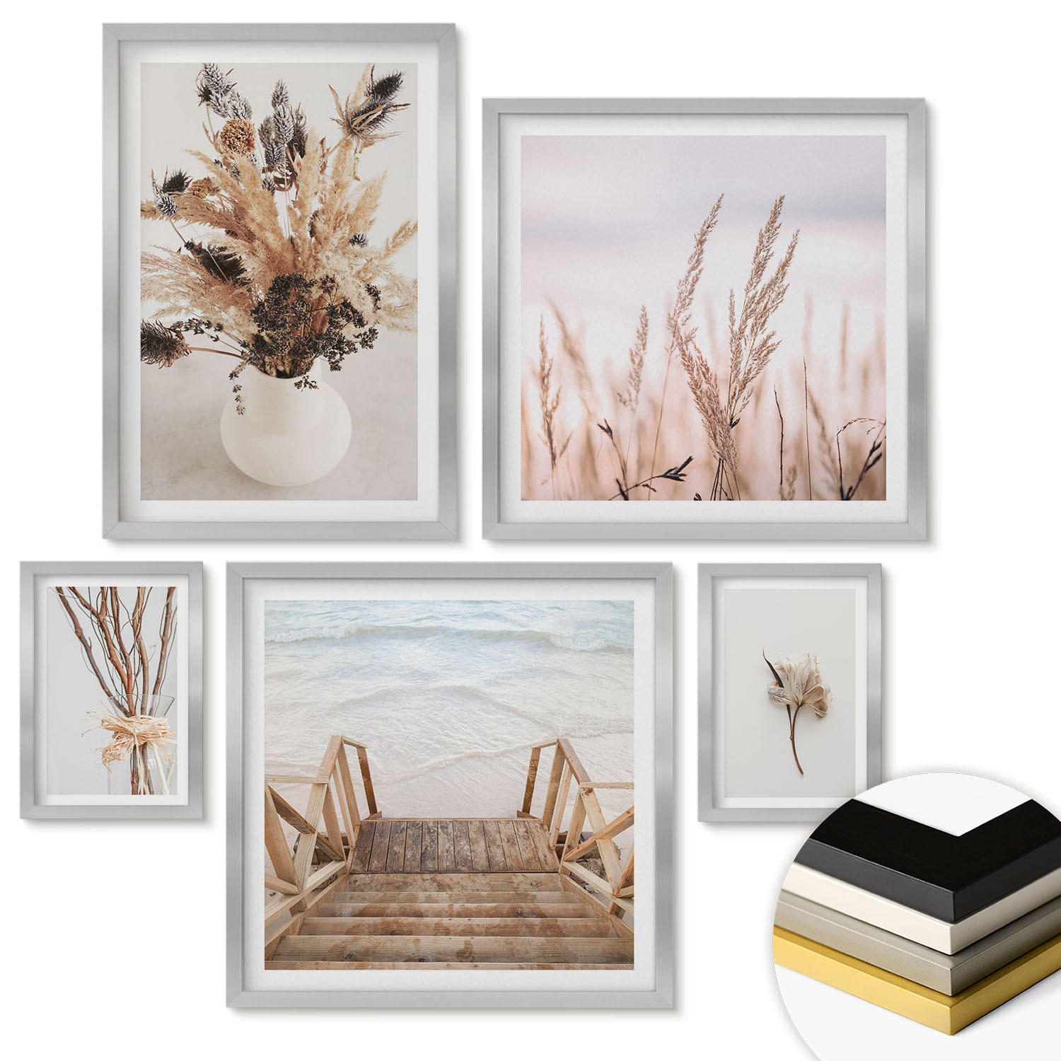 WANDBILDER 5er Set - 50x50 cm & 20x30 cm & 40x60 cm Silberner Rahmen - Blumenzweige Minimalismus Natur - Silberfarben, Kunststoff (40/60cm) - ArtPrintCave