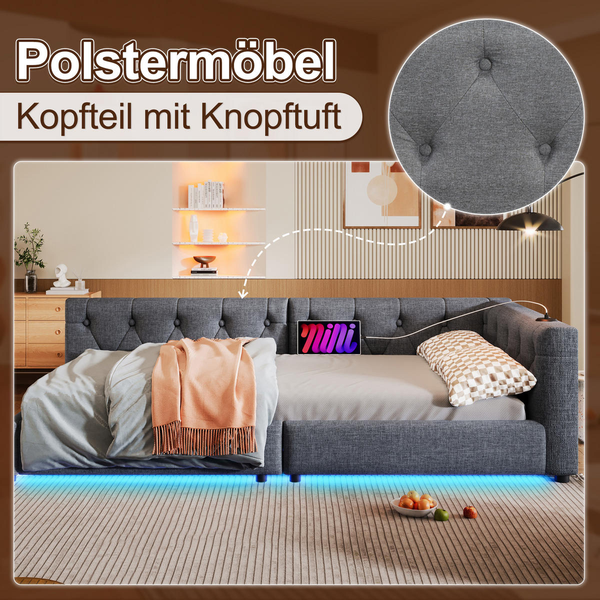 TAGESBETT 90/200 cm mit Lattenrost und USB-Anschlüssen Grau Leinen - Grau, Textil (90/200cm) - OKWISH