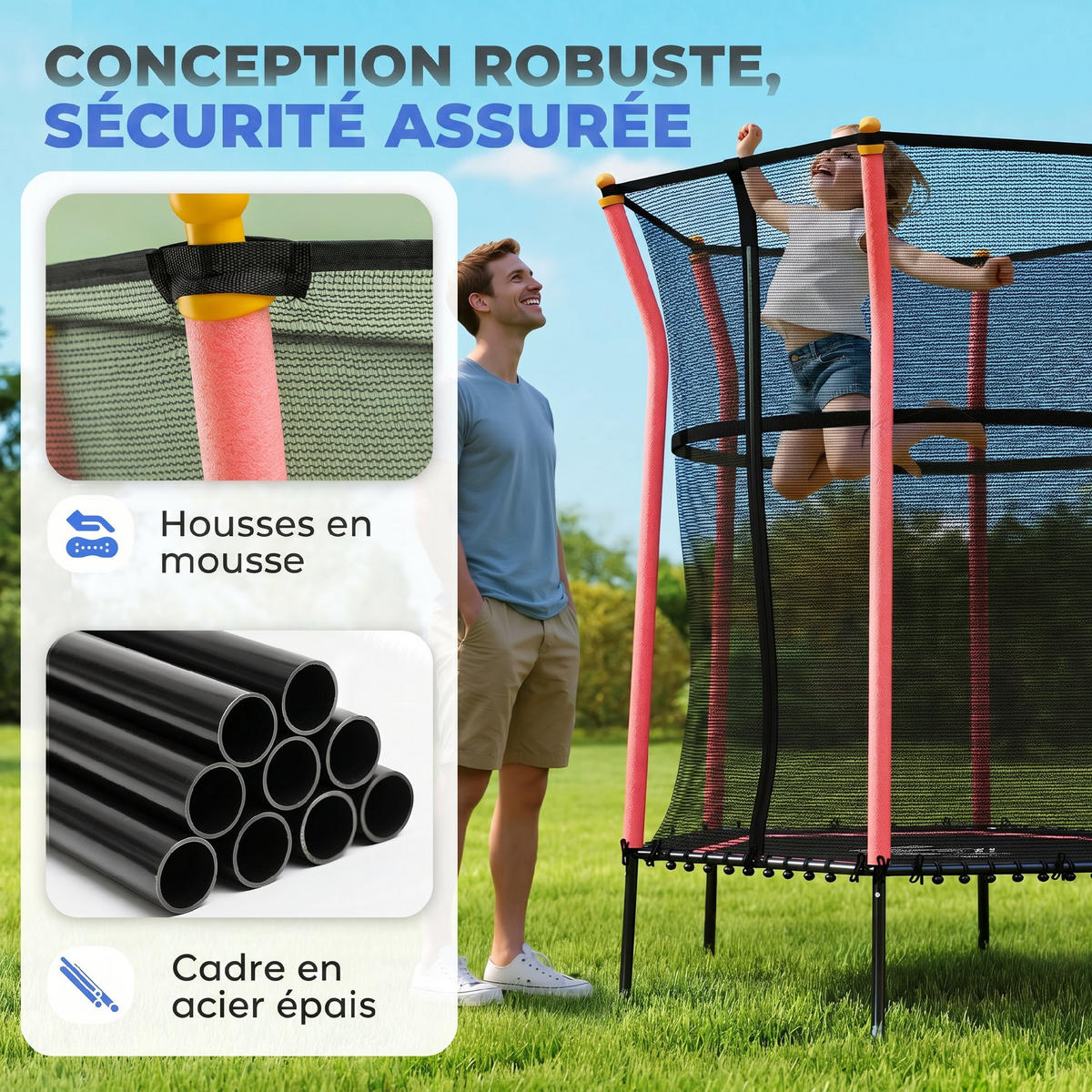 TRAMPOLIN DE-18992 Ø163 cm mit Sicherheitsnetz und Leiter Rot/Schwarz - Rot, Metall (163.5/163.5cm) - ComfortXL