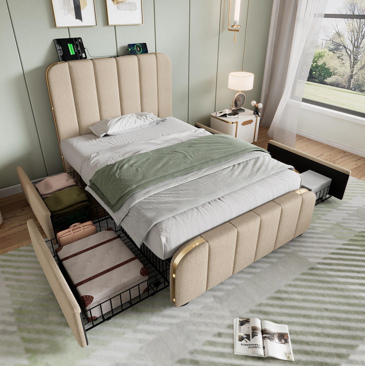POLSTERBETT mit 4 Schubladen 90x200 cm Leinen Beige inkl. Matratze - Beige, Metall (90/200cm) - Meubliv