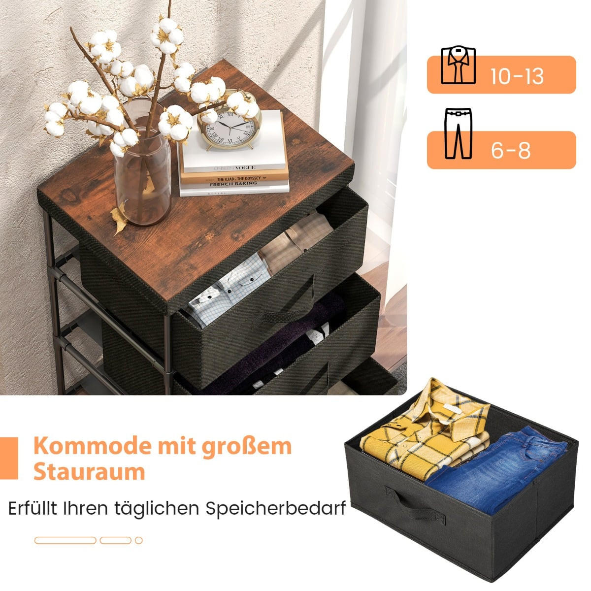 NACHTTISCH mit 3 Stoffschubladen, Metallrahmen, 40 x 30 x 62 cm, Schwarz, 2er-Set - Schwarz, Textil (40/62/30cm) - DESIGN IN