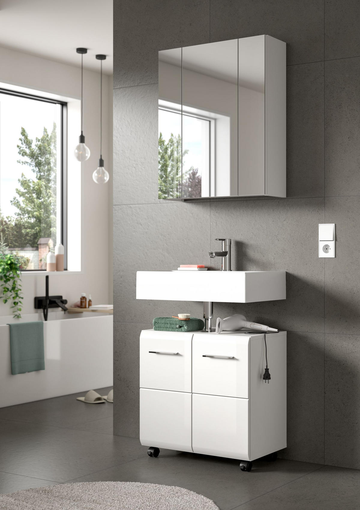 WASCHBECKENUNTERSCHRANK auf Rollen ICE (B/H/T: ca. 60/58/30 cm) in Weiß/weiß hochglanz - Weiß, Holzwerkstoff (60/58/30cm)