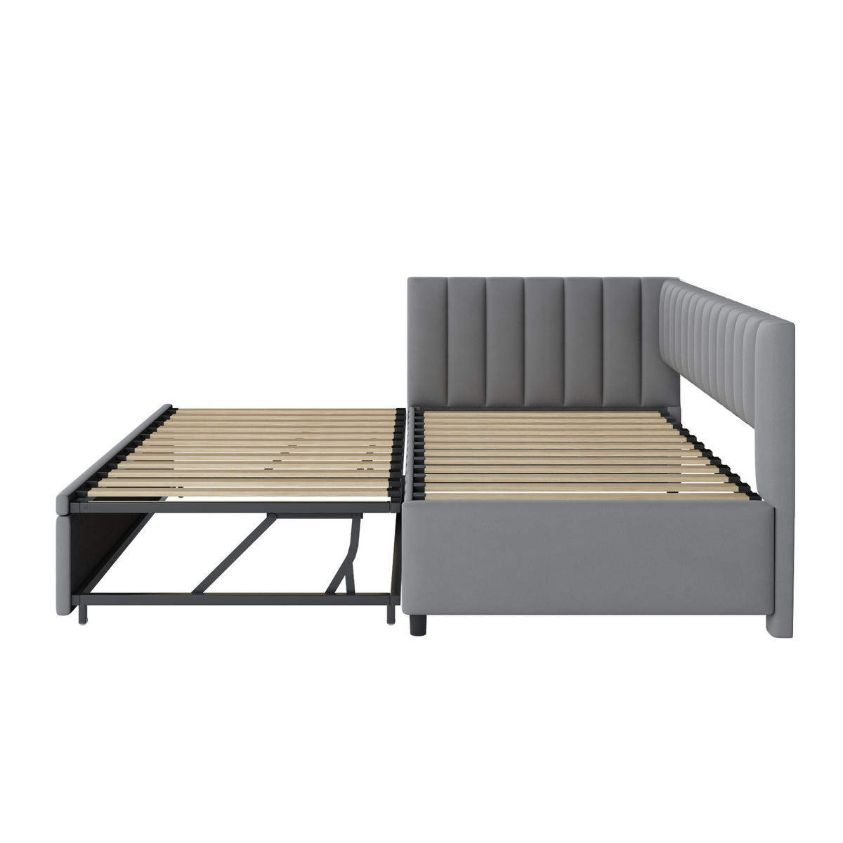 SAMT-POLSTERBETT 90/200 cm mit Ausziehbett und gepolstertem Kopfteil, Grau - Grau, Textil (90/180cm) - BEAOK
