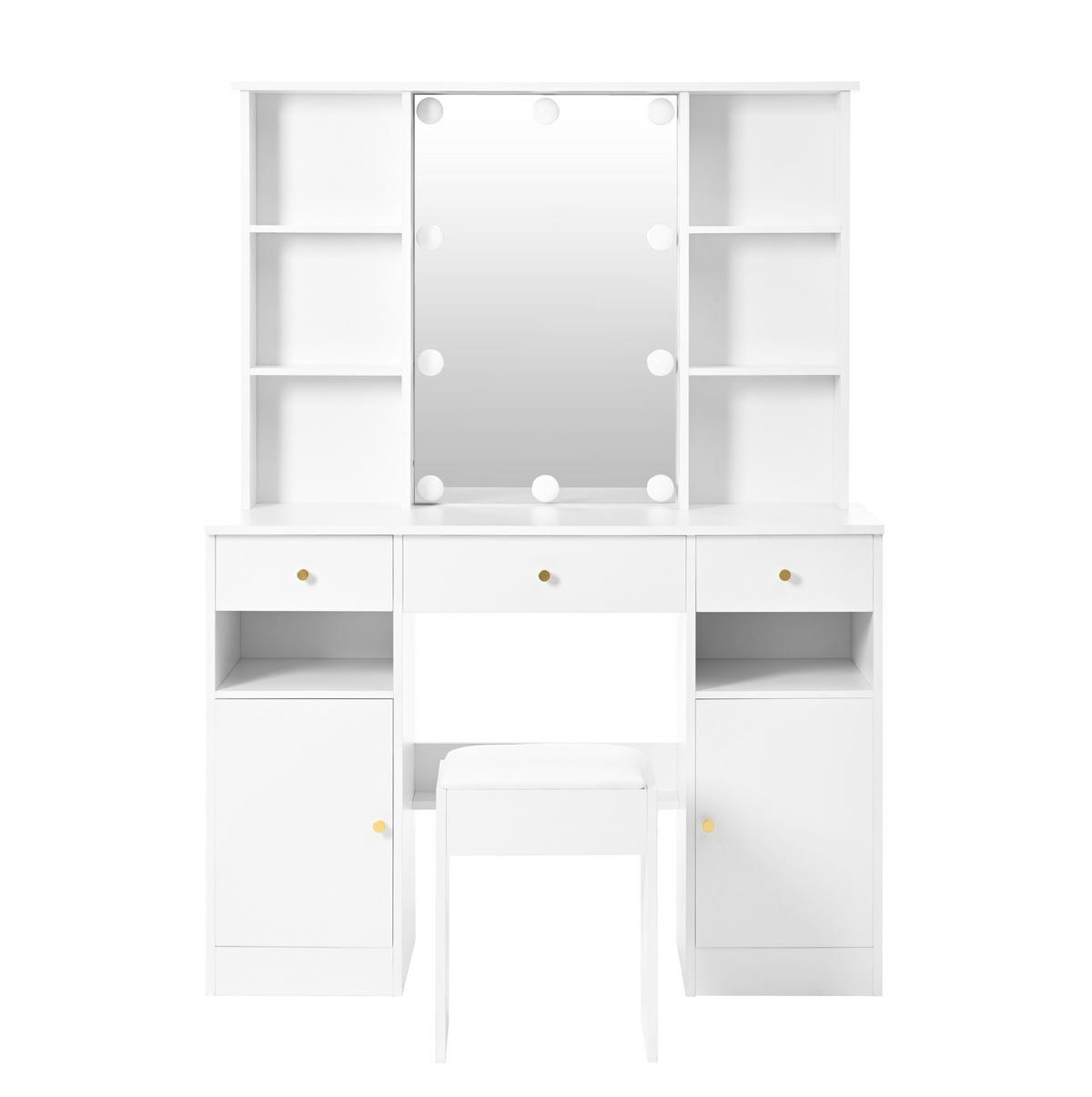 SCHMINKTISCH 110/40/151 cm mit LED-Beleuchtung, Spiegel, 3 Schubladen und 2 Türen, Weiß - Weiß, Holzwerkstoff (110/151/40cm) - Redom
