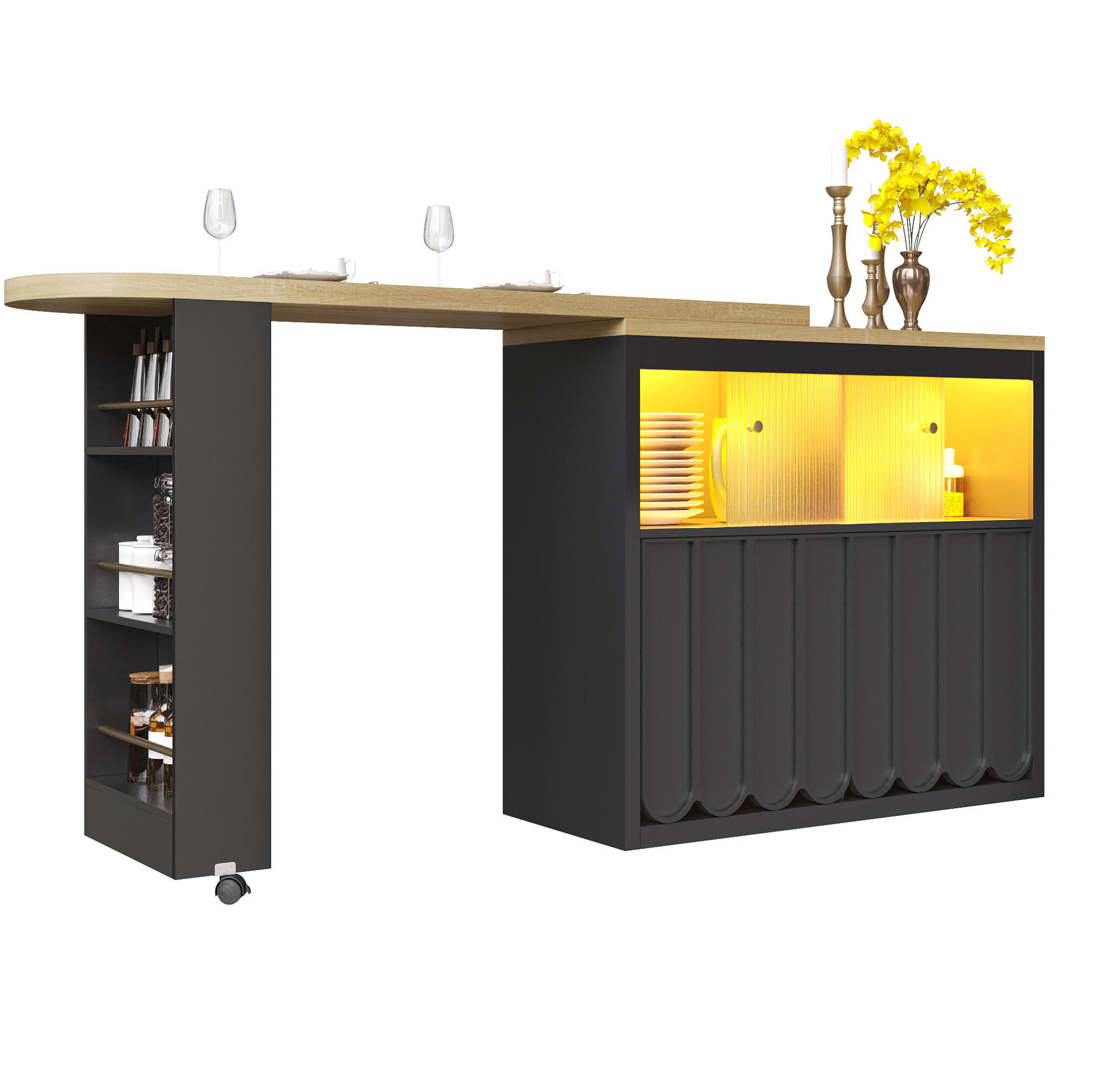 AUSZIEHBARER Bartisch mit LED & Stauraum, 135-205/39/100 cm, Schwarz, mit USB-Anschluss - Schwarz, Holzwerkstoff (39/100/135cm) - Redom