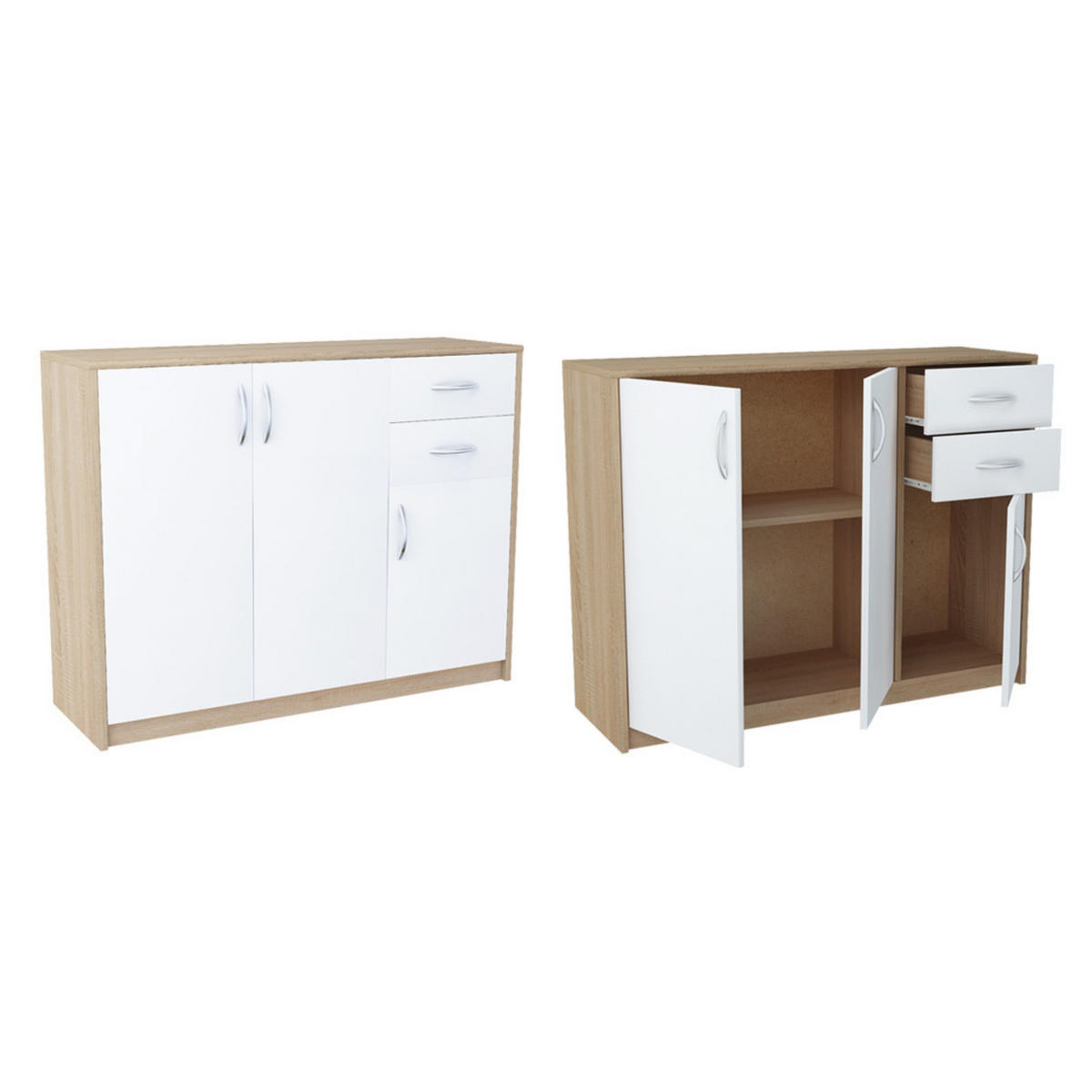 KOMMODE mit 2 Schubladen und 3 Türen - Eichefarben/Weiß, Holzwerkstoff (110/85/35cm) - Home Collective