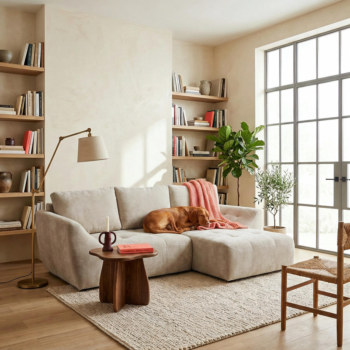 ECKSOFA NICE L Rechts mit Schlaffunktion 137x204 Chenille Beige - Beige/Schwarz, Holz/Textil (165/260cm) - Muffo