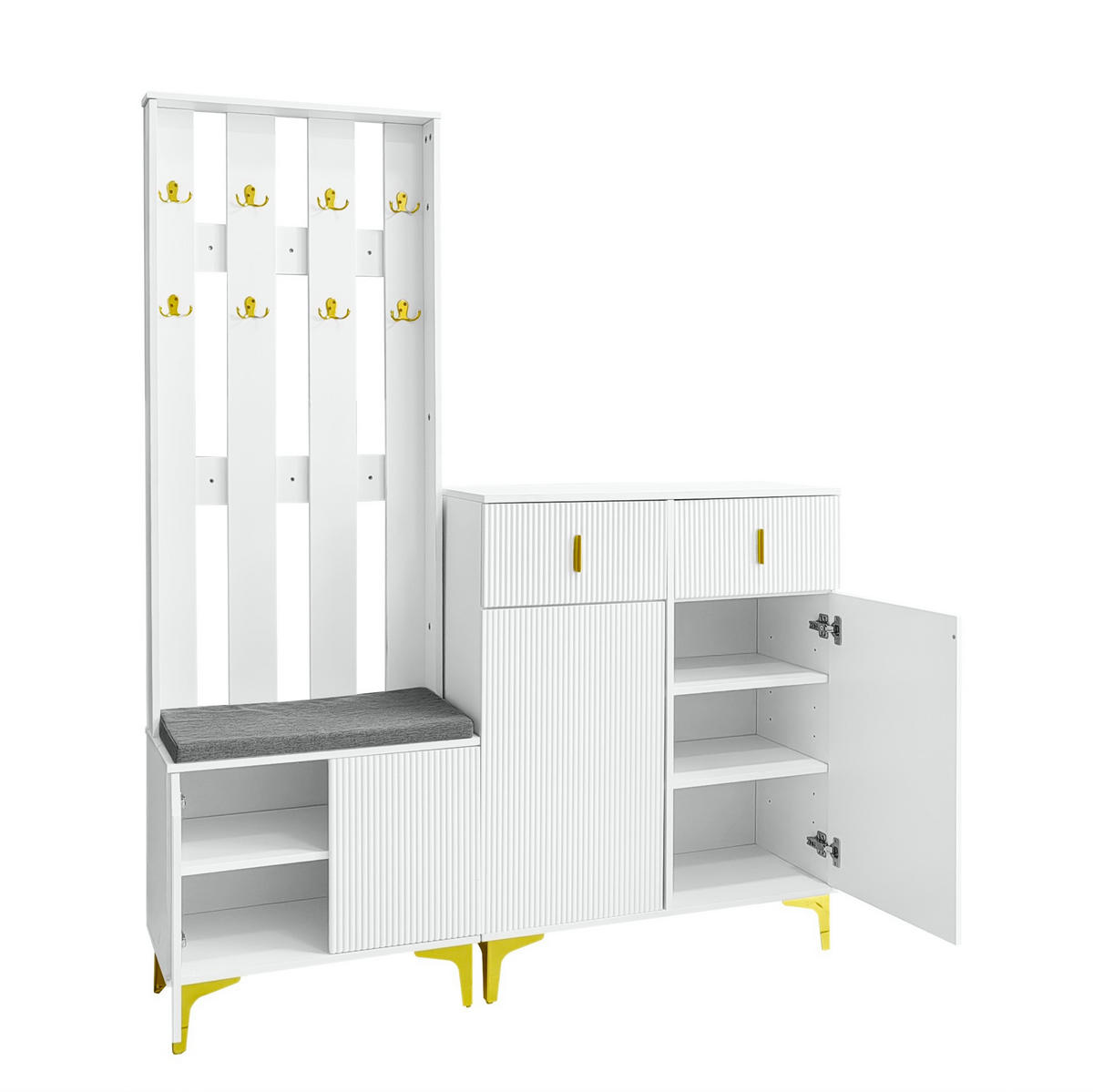 DIELENGARDEROBE in Weiß mit Sitzbank und Schuhschrank, B/T/H ca. 143,5/35,2/180,5 cm - Weiß, Holzwerkstoff (83/101/35cm) - BEAOK