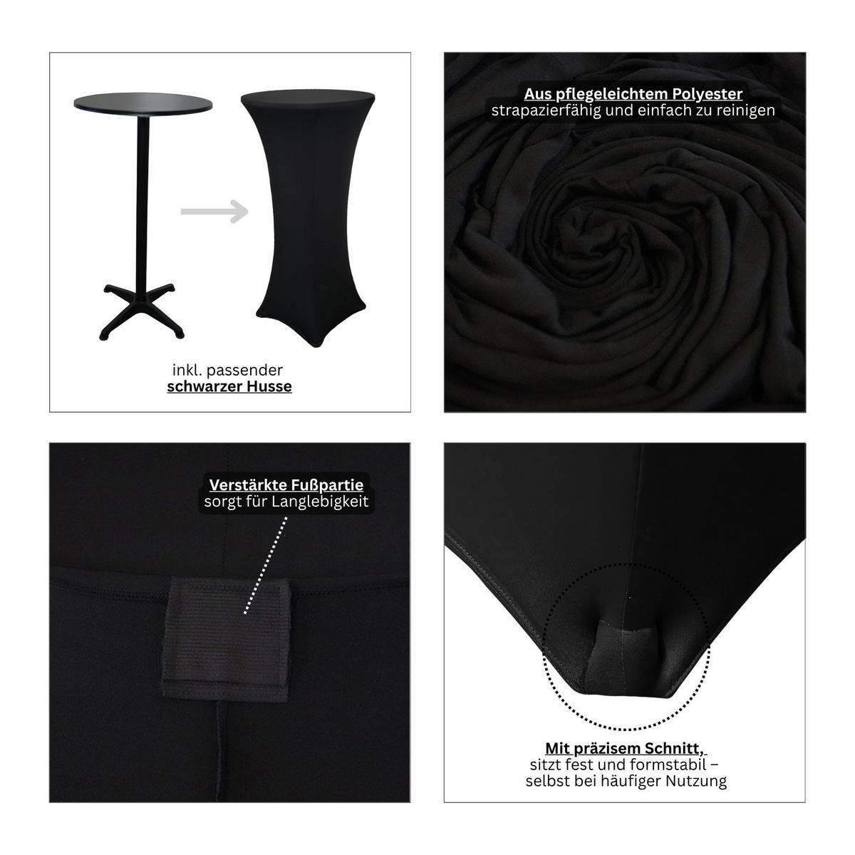 STEHTISCH mit Hussen klappbar HxØ 75-115x60cm MDF-Platte mit Edelstahlbeschichtung Schwarz - Schwarz, Metall (115/60/115cm) - CHEFGASTRO