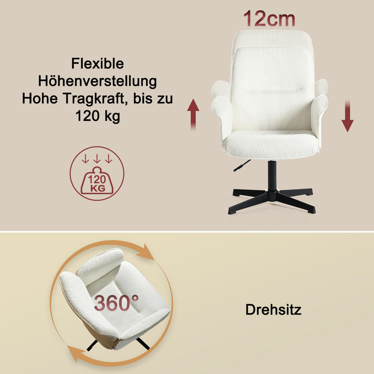 DREHSTUHL 6er Set in Eisen Bouclé - Weiß, Metall (63/94/66cm) - Meubles Cosy