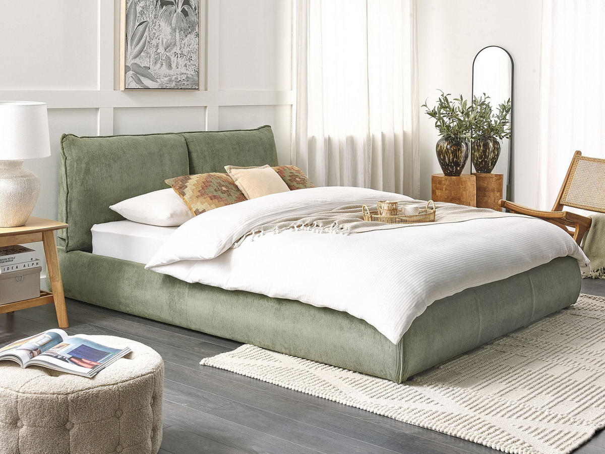 VODNÍ POSTEL Manšestr 160/200 cm Olivově zelená Vinay - zelená barva, textil (160/200cm) - Beliani