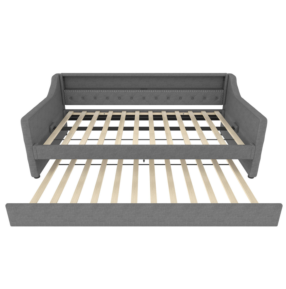 POLSTERBETT 90/200 cm Grau aus Leinen und MDF mit Ausziehbett, LED-Beleuchtung und USB-Ladeanschluss - Grau, Textil (90/200cm) - OKMYHOME
