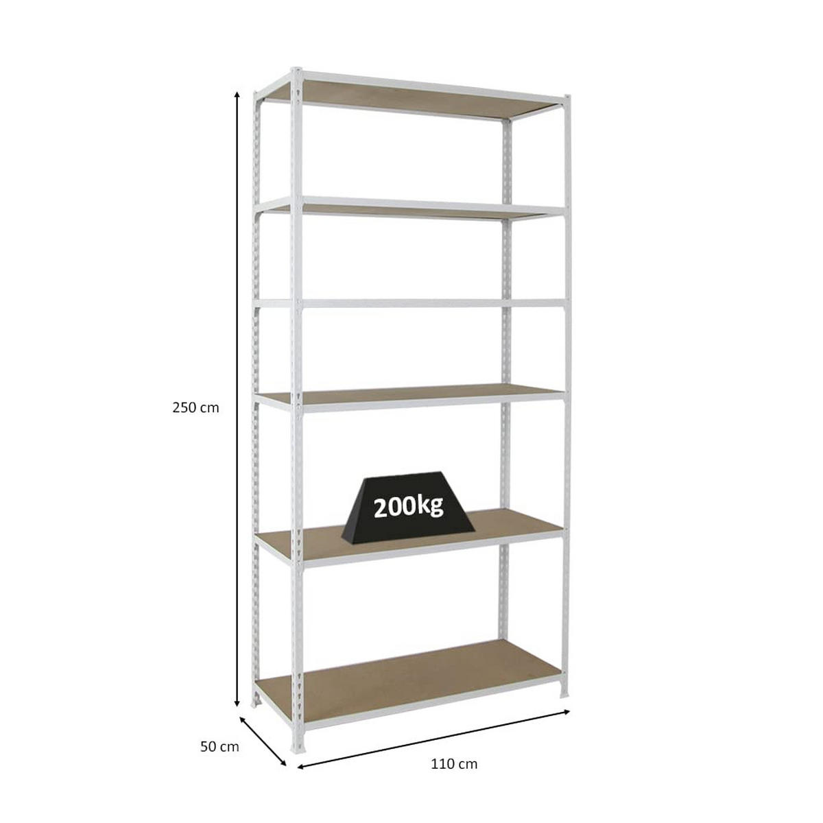 SCHWERLASTREGAL Giant Muli HxBxT 250 x 110 x 50 cm 6 Fachböden Fachlast 200 kg Weiß - Weiß, Metall (110/250/50cm) - PROREGAL