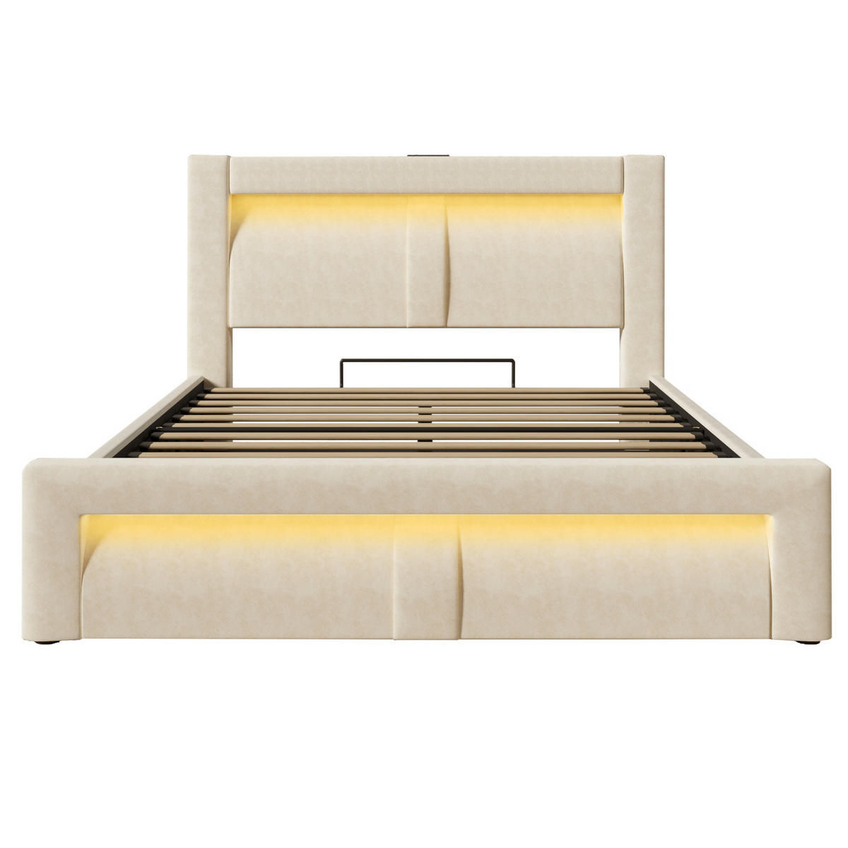 ČALÚNENÁ posteľ 140/200 cm s LED osvetlením, USB a Type-C portom a hydraulickým úložným priestorom, Béžová - béžová, textil (140/200cm) - Redom