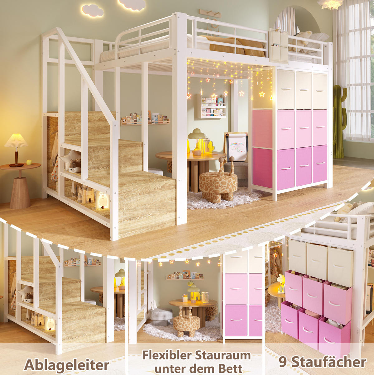 HOCHBETT 140/200 cm Weiß mit Schubladen und Treppe mit Stauraum - Weiß, Metall (140/200cm) - MIVRAY