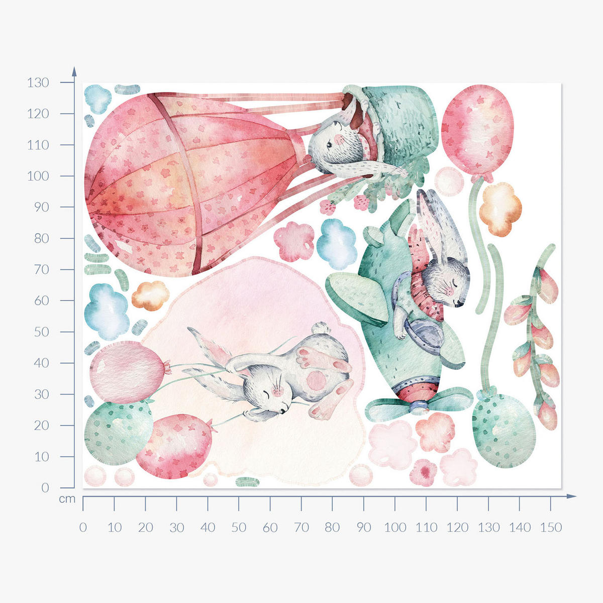 WANDAUFKLEBER 130x153cm - Hasen am Himmel - Multicolor, Kunststoff (130/153/0.1cm) - Wallfluent