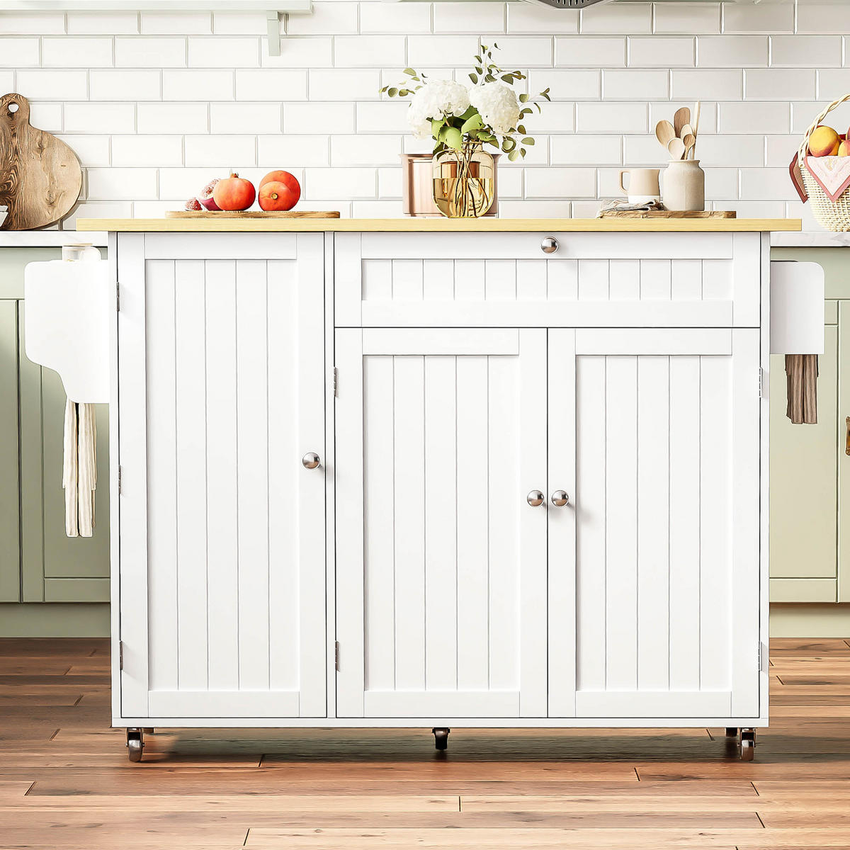 KÜCHENINSEL 120 cm FSC MDF Natur Weiß mit Klappbarer Arbeitsplatte und Bartisch Funktion - Weiß, Holzwerkstoff (70/92/120cm) - Korfee