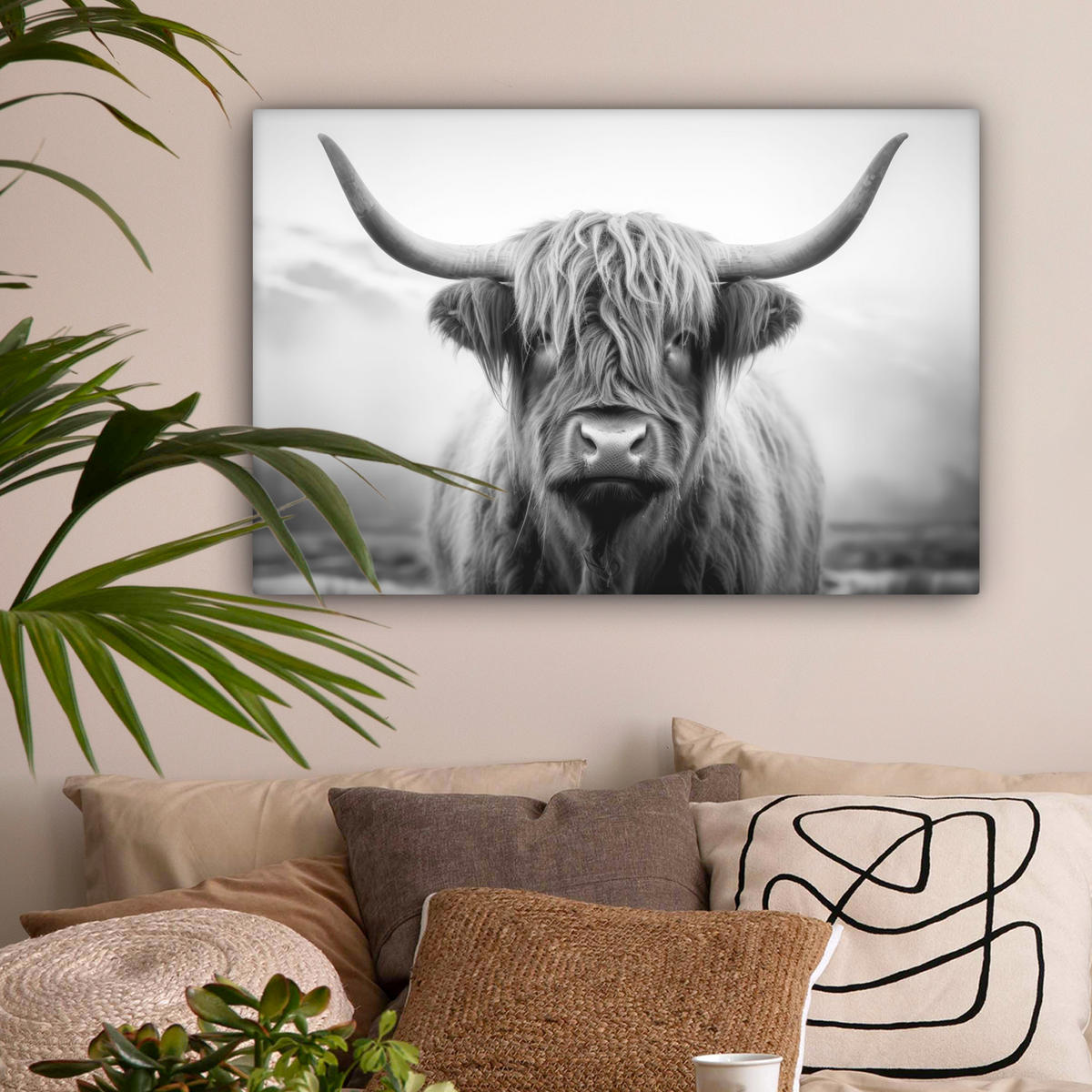 LEINWANDBILD - Schottischer Highlander - Nebel - Schwarz - Weiß - 60x40 - Wanddeko Schlafzimmer - Grau, Textil (60/40cm) - MuchoWow