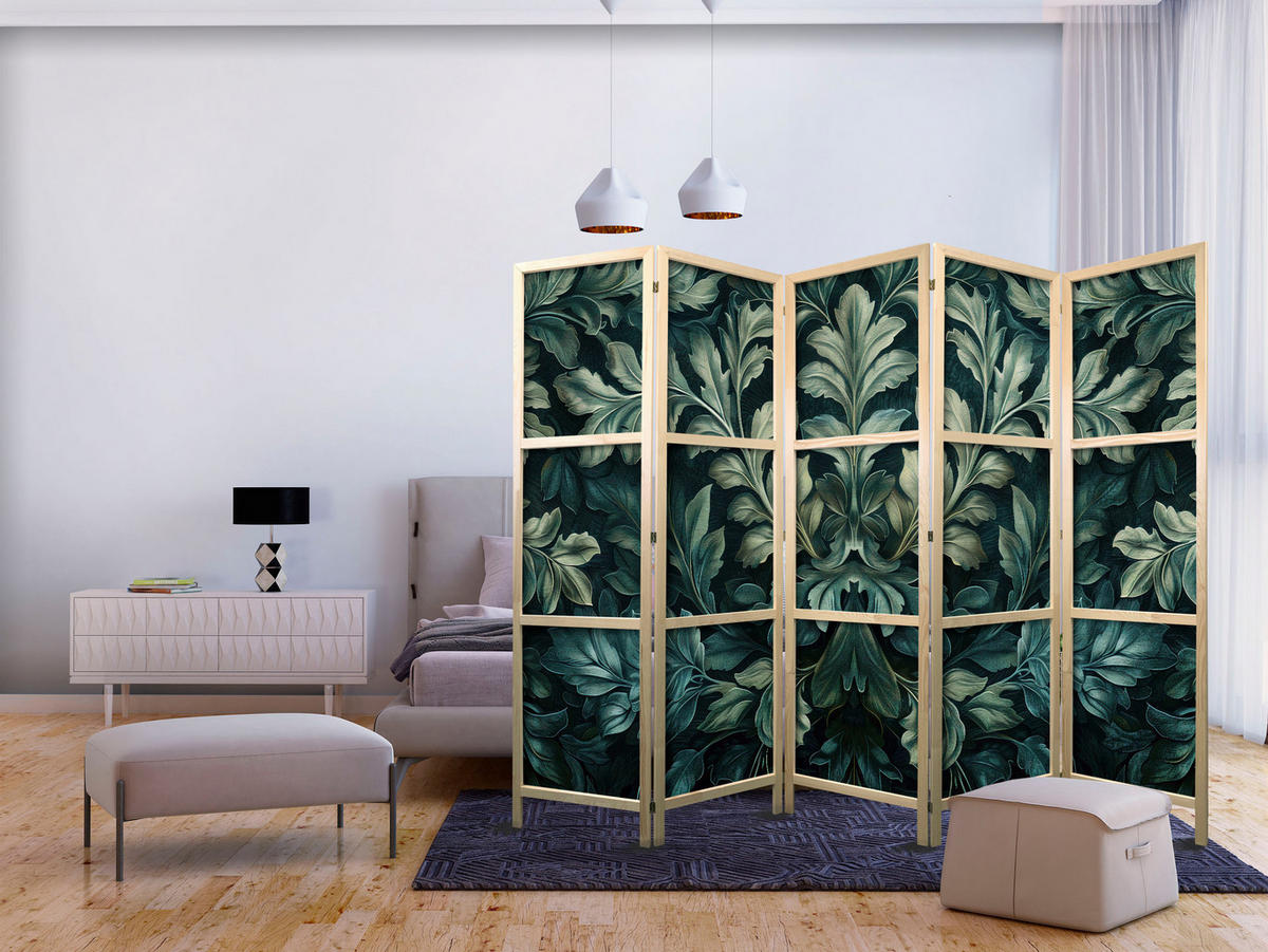 PARAVENT Japanischer 5-tlg 225x172 cm Blattmuster - Grün, Holz/Textil (225/172/3cm) - Muralo