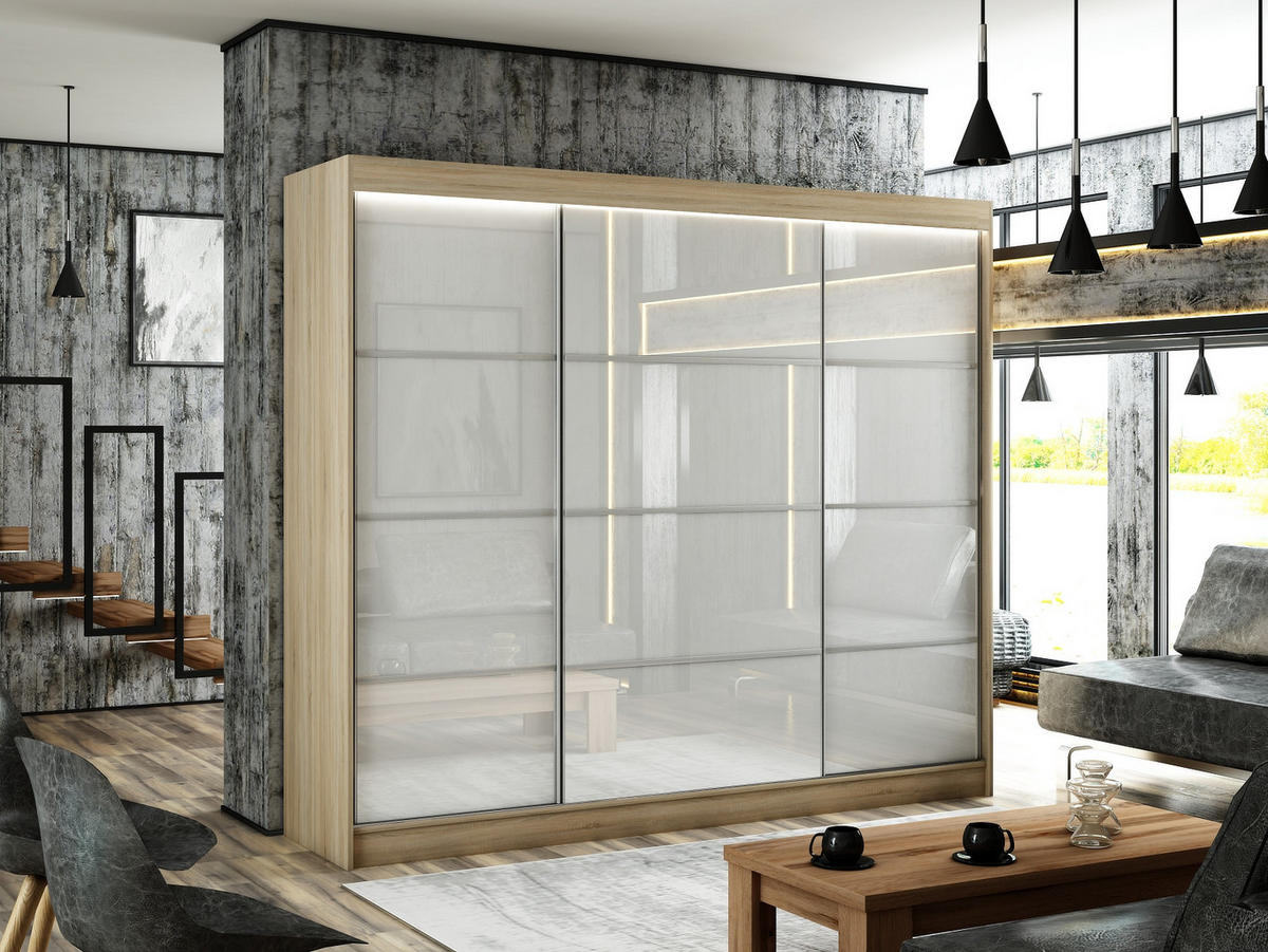 SCHIEBETÜRENSCHRANK TIPI III - Weiß/Sonoma Eiche, Holzwerkstoff (250/215/61cm) - Meblini