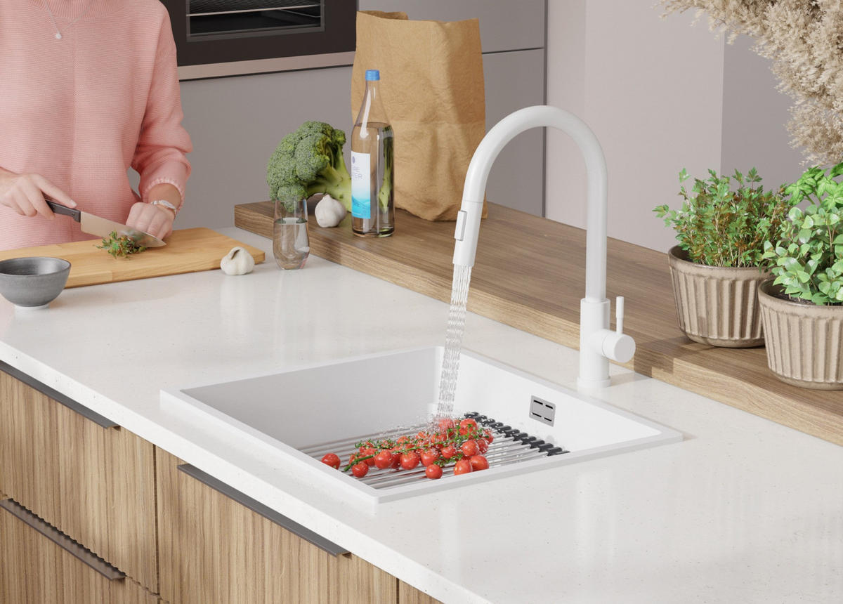 SPÜLBECKEN Praga Slim, 2-er set Weiß 56/47 cm 1 Becken + Ablauf-Set + Aufrollbare Abtropffläche ab 60er Unterschrank - Chromfarben/Weiß, Kunststoff (56/20/47cm) - Primagran