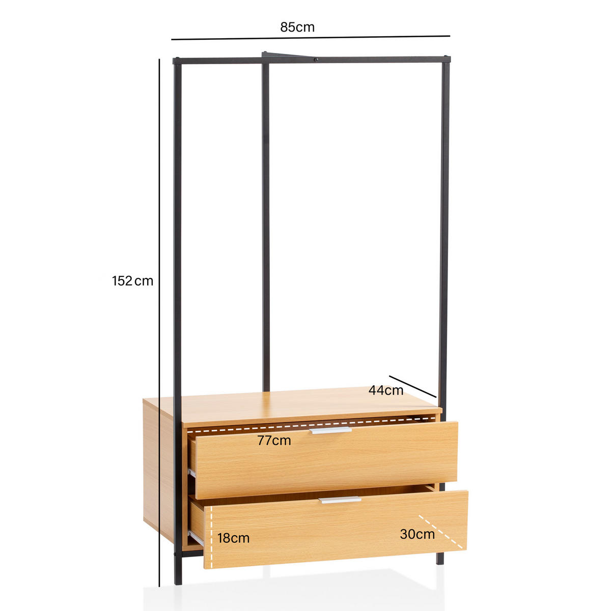 GARDEROBE Eiche-Dekor 152x85x44cm mit Schubladen - Schwarz/Braun, Holzwerkstoff (85/152/44cm) - KADIMA DESIGN