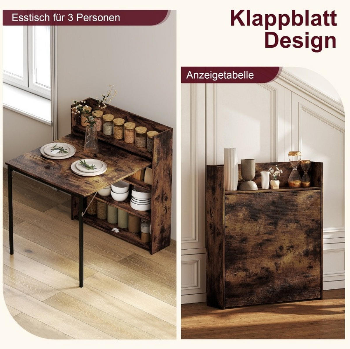 ESSTISCH aus Holz 80x90x93 cm Rustikalbraun klappbar mit Regal im Industrial-Stil - Braun, Holz (90/80/93cm) - Modfu