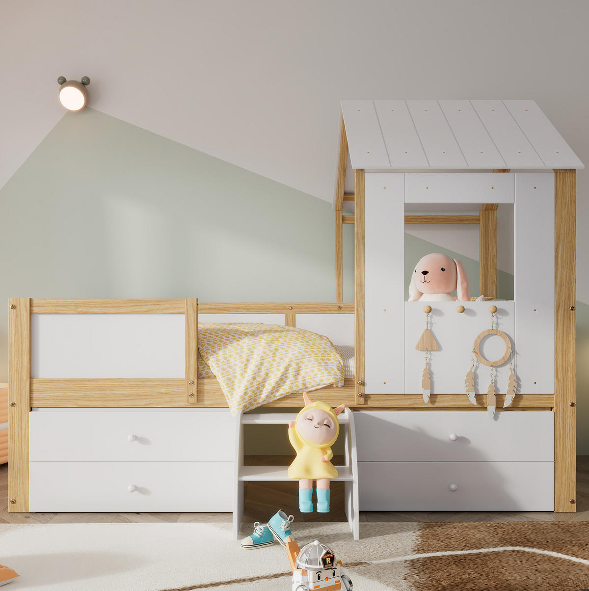 KINDERBETT Hausbett 90/200 cm, Weiß/Natur mit 4 Schubladen und Treppe - Weiß, Holz (90/200cm) - MIVRAY
