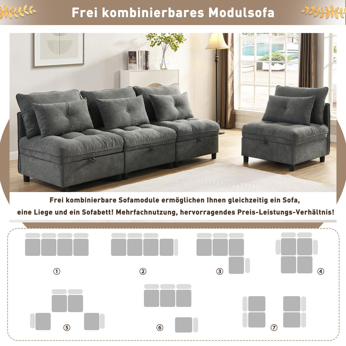 4-SITZER SCHLAFSOFA Chenille Antique Gray mit Stauraum und Schlaffunktion - Grau, Holzwerkstoff/Kunststoff (274/87/76cm) - WISHDOR