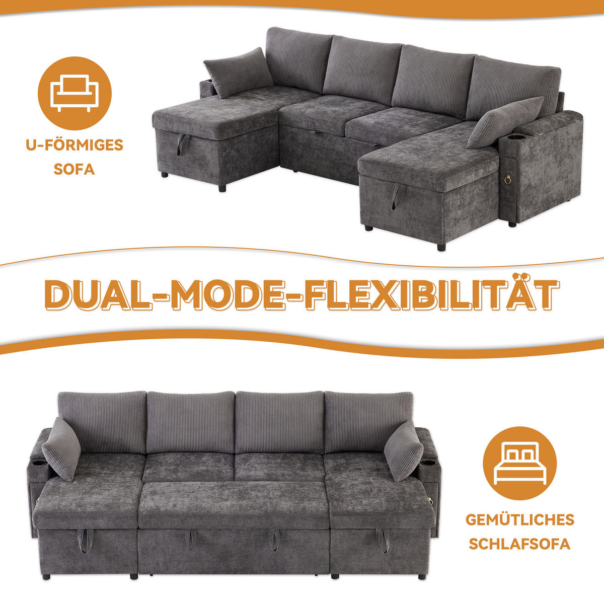 SCHLAFSOFA U-Form mit Getränkehaltern und Stauraum, Grau - Grau, Textil (272/84/131cm)