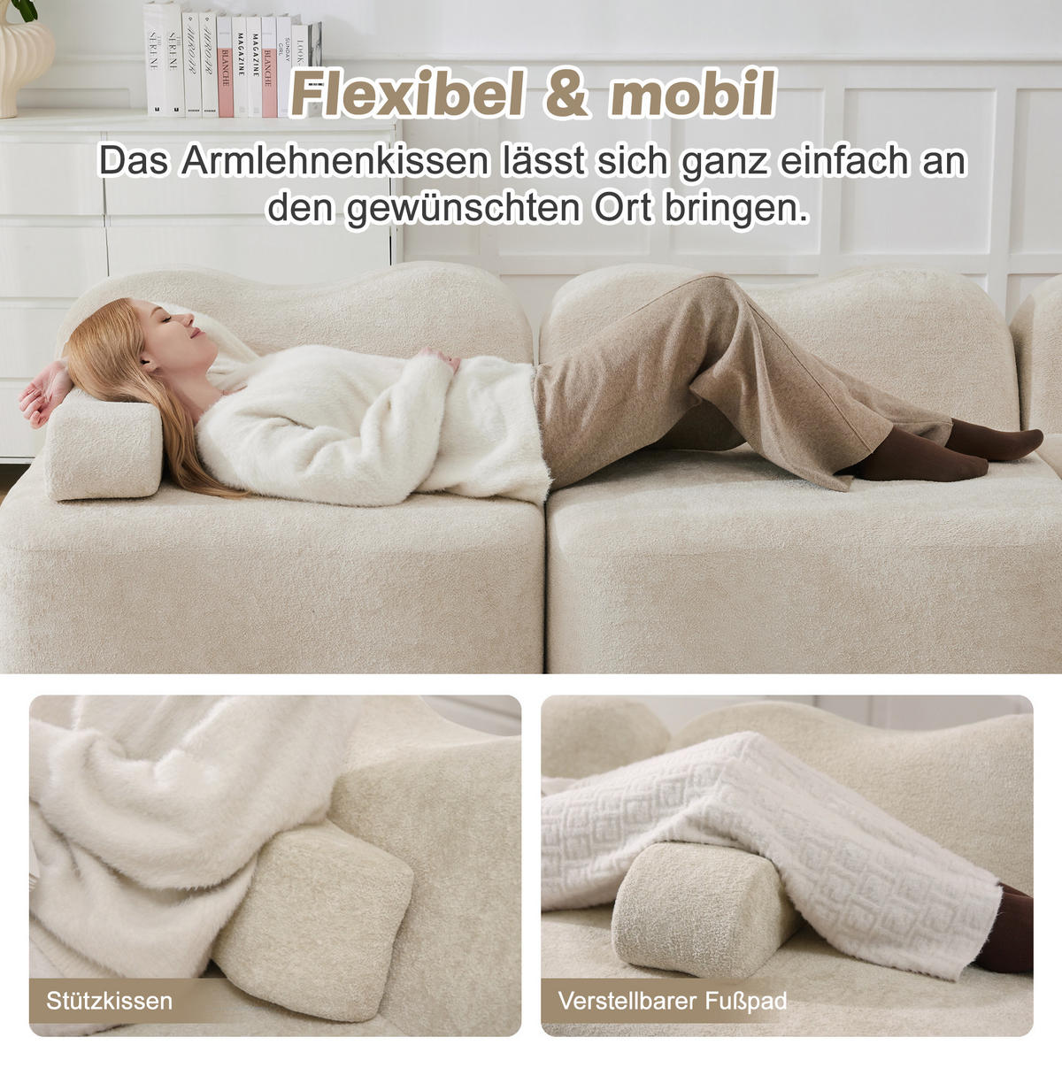 ECKSOFA modular mit Ottomanen, Wellenform und Samtbezug, Beige - Beige, Textil (384/167cm) - Redom