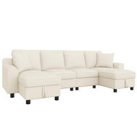 WOHNLANDSCHAFT Chenille Beige mit Stauraum und mit Kissen - Beige, Holzwerkstoff/Kunststoff (280/84/173cm) - WISHDOR