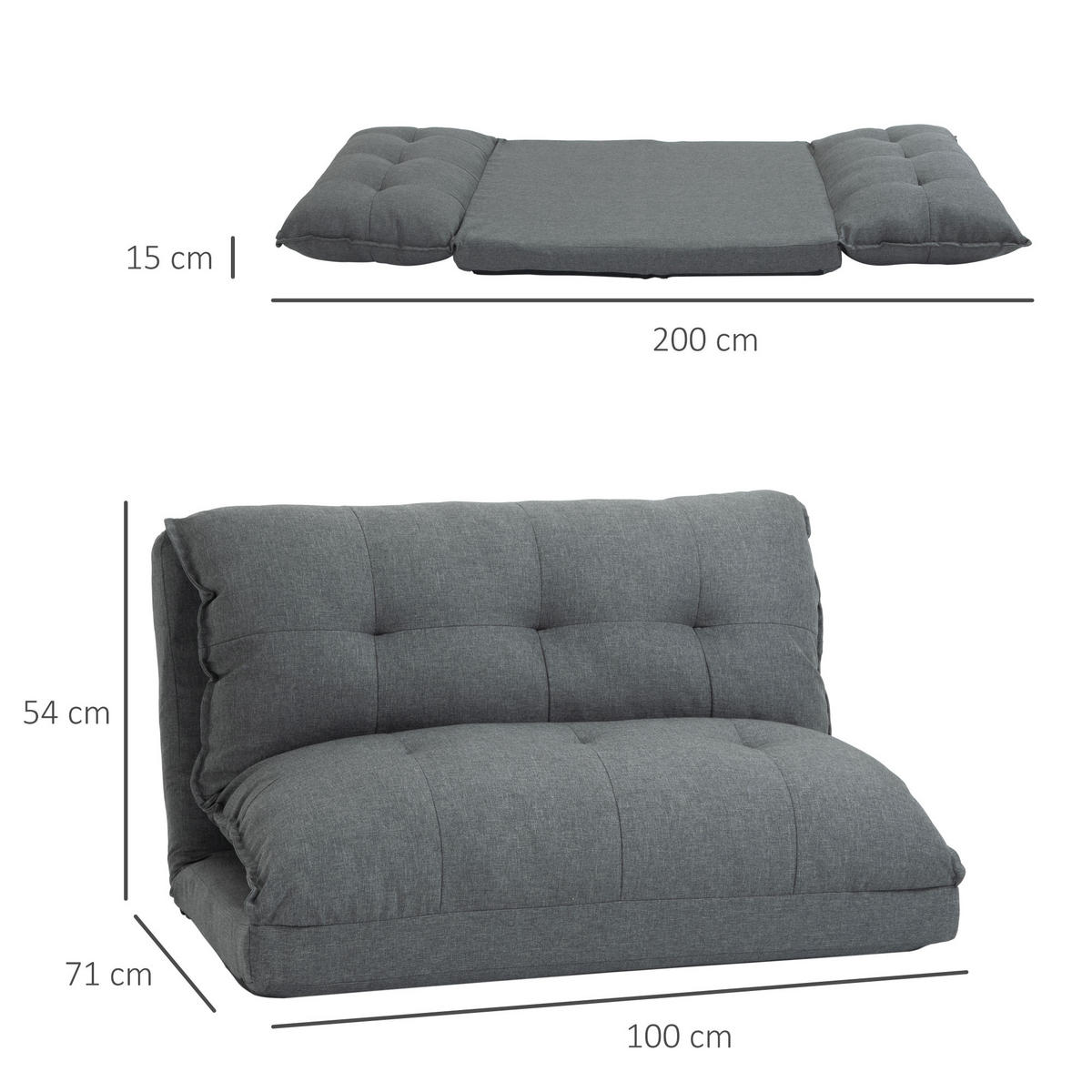 BODENSTUHL 2-in-1 Bodensessel Bett mit Rückenlehne 13 Positionen Verstellbar - Grau, Metall (71/54/100cm) - HOMCOM