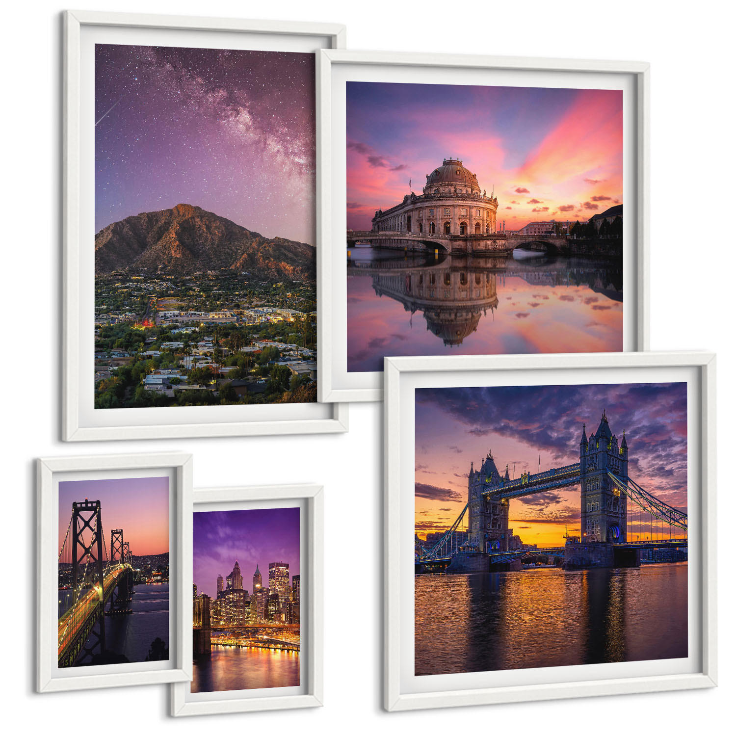 BILDER SET 5er Set - 50x50 cm & 20x30 cm & 40x60 cm Weißer Rahmen - Brücken, Sonne, Stadtblick - Weiß, Kunststoff (40/60cm) - TULUP