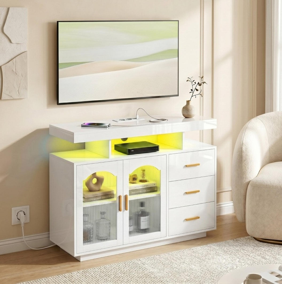 SIDEBOARD aus Holz 100x35x80 cm Weiß mit RGB-LED, 3 Schubladen, Steckdosen und USB-Anschlüssen - Weiß, Holz (100/80/35cm) - IVMEU