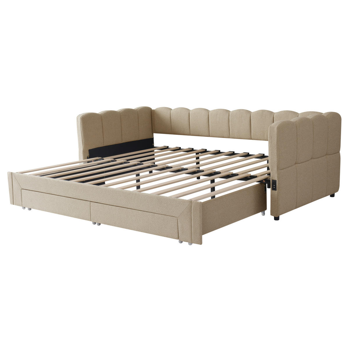 POLSTERBETT 90/200 cm beige aus Chenille mit Ausziehfunktion und USB-Anschluss - Beige, Textil (90/200cm) - OKWISH