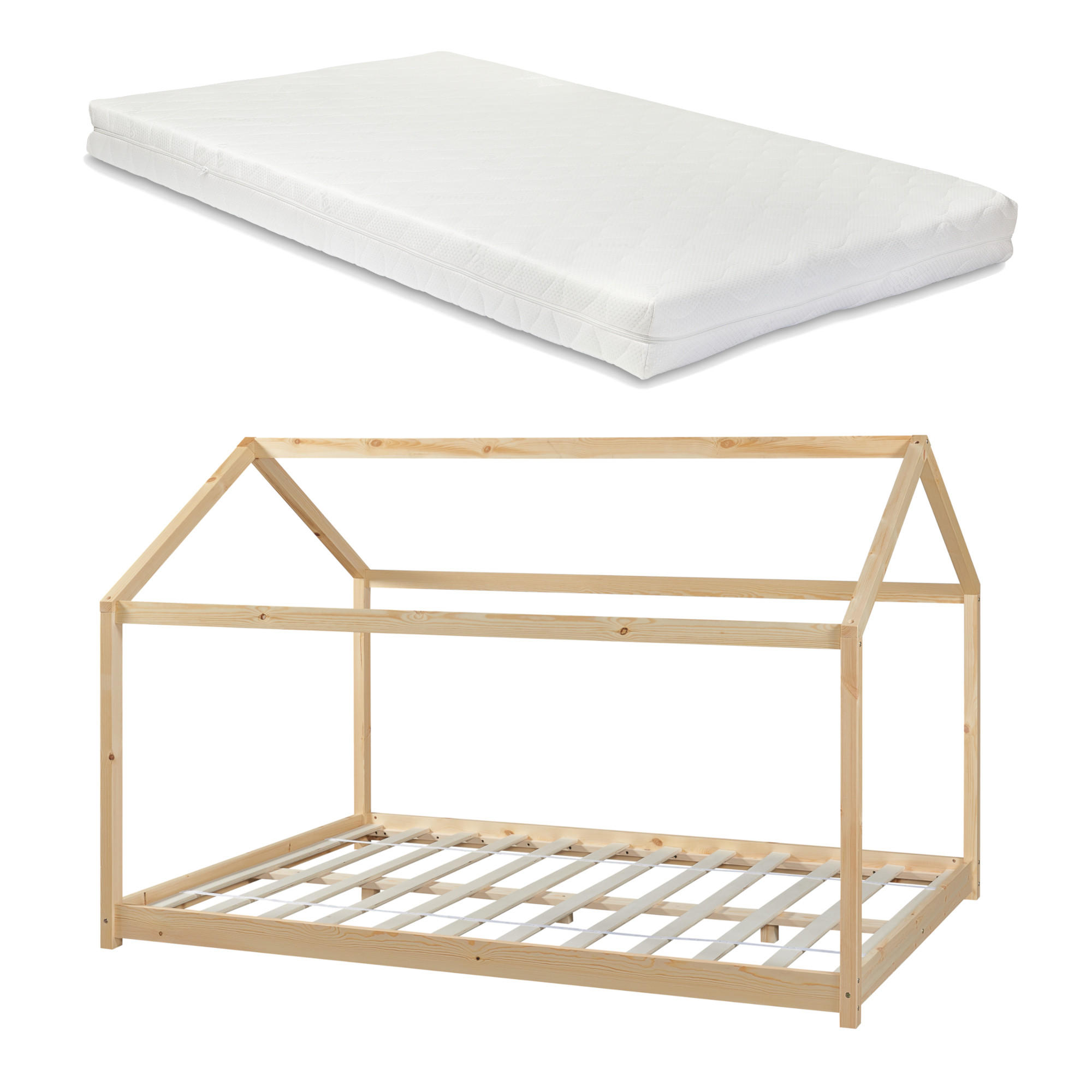 HAUSBETT Cerro mit Matratze - Naturfarben, Holz/Textil (120/200cm) - [en.casa]
