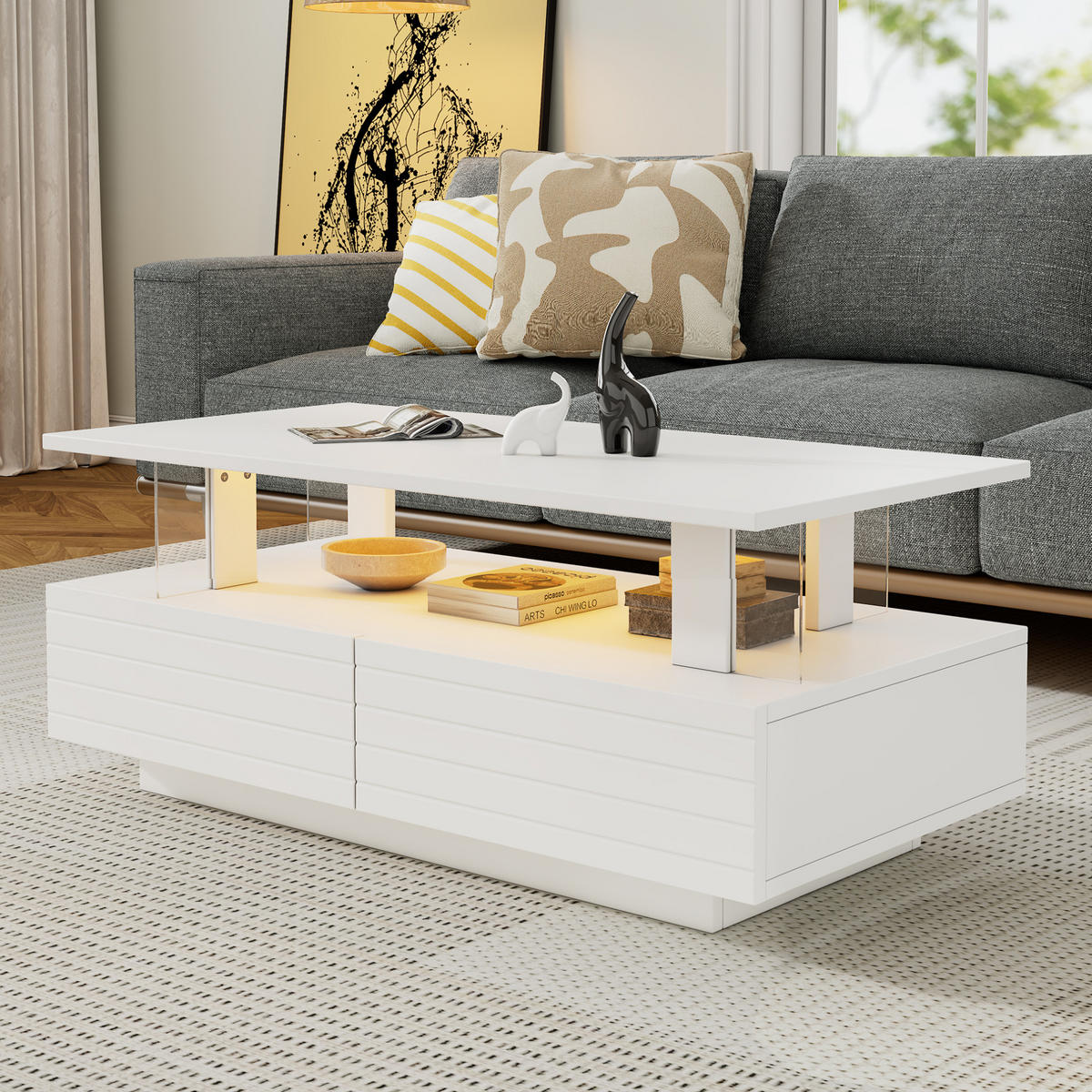 COUCHTISCH mit LED 100 x 50 cm Acryl Weiß mit 2 Schubladen - Weiß, Holz (100/50/42cm) - Meubliv