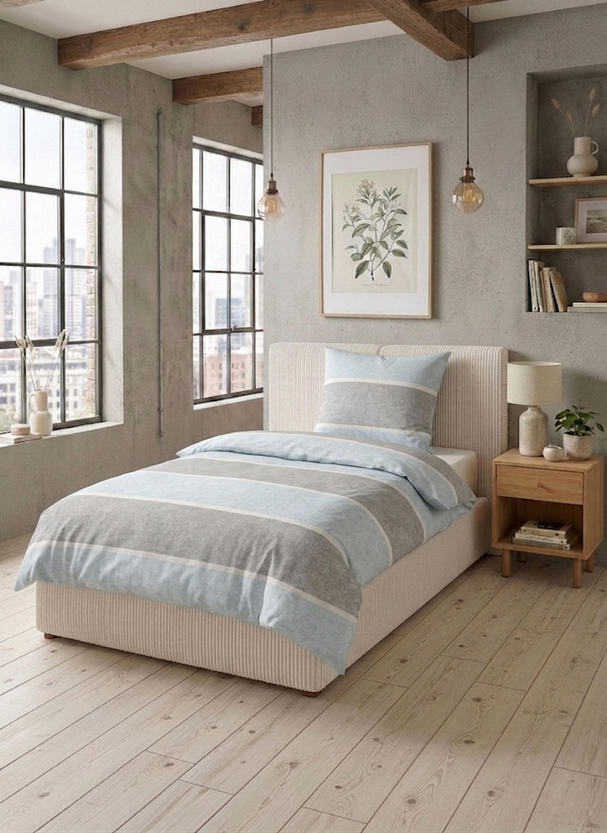BETTWÄSCHE-GARNITUR Premium Melange Blockstreifen ciel, 155x200 cm + 80x80 cm - Hellblau, Textil (155/200cm) - biberna