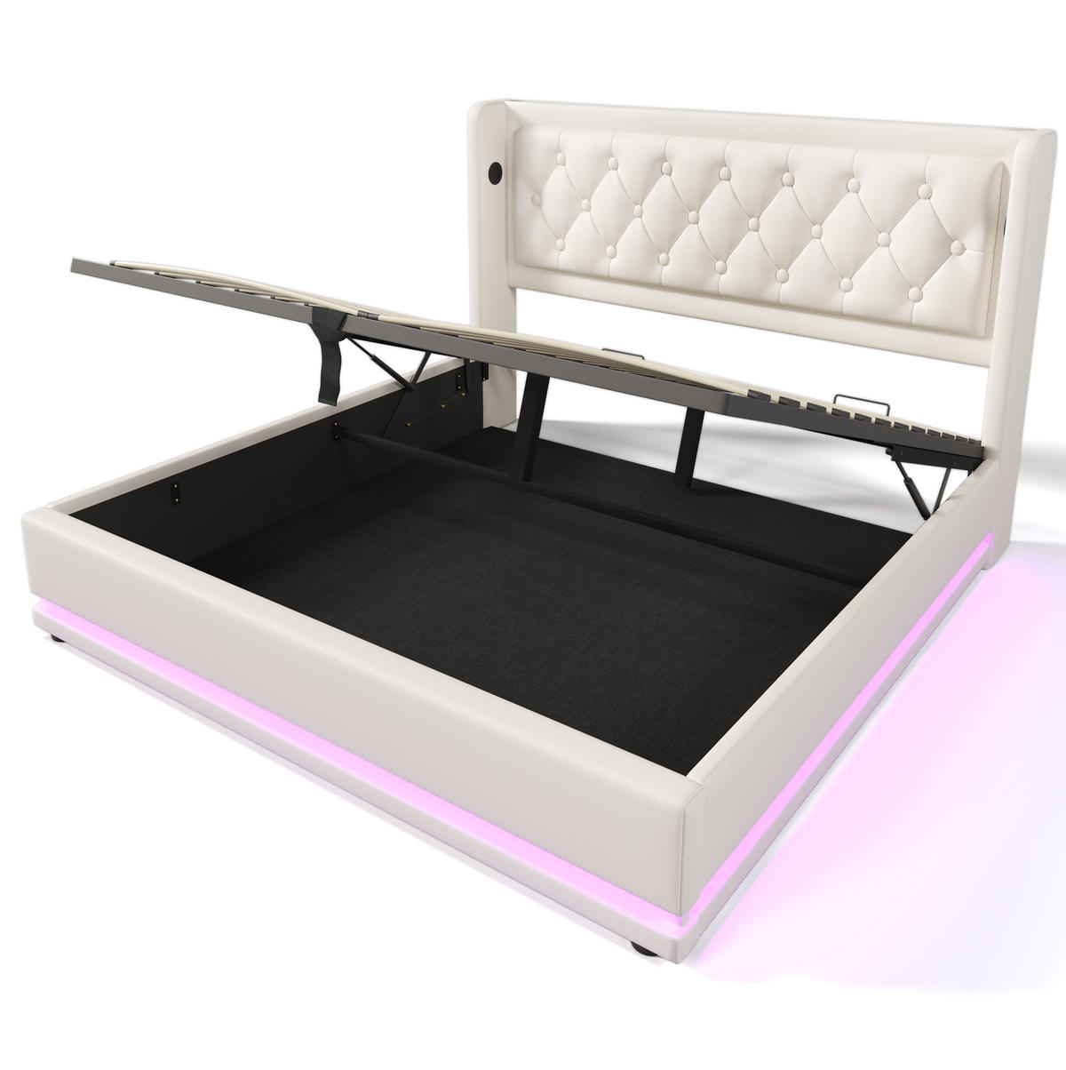 BETT mit Stauraum, LED und USB Typ-C 160x200 cm PU Weiß - Weiß, Metall (160/200cm) - Meubliv