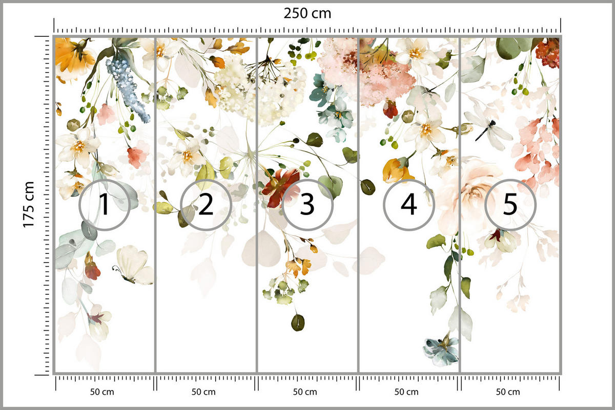 FOTOTAPETE für Schlafzimmer Bunte Zarte Blumen Blätter Pastell 250x175 - Ecru/Beige, Papier (250/175cm) - Muralo