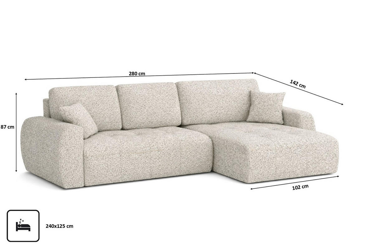 ECKSOFA Mit Schlaffunktion Und Bettkasten L-Form Ivo XL, Chenille-Stoff Artico, Nata, Rechts - Beige, Holz (280/142cm) - Kaiser Möbel